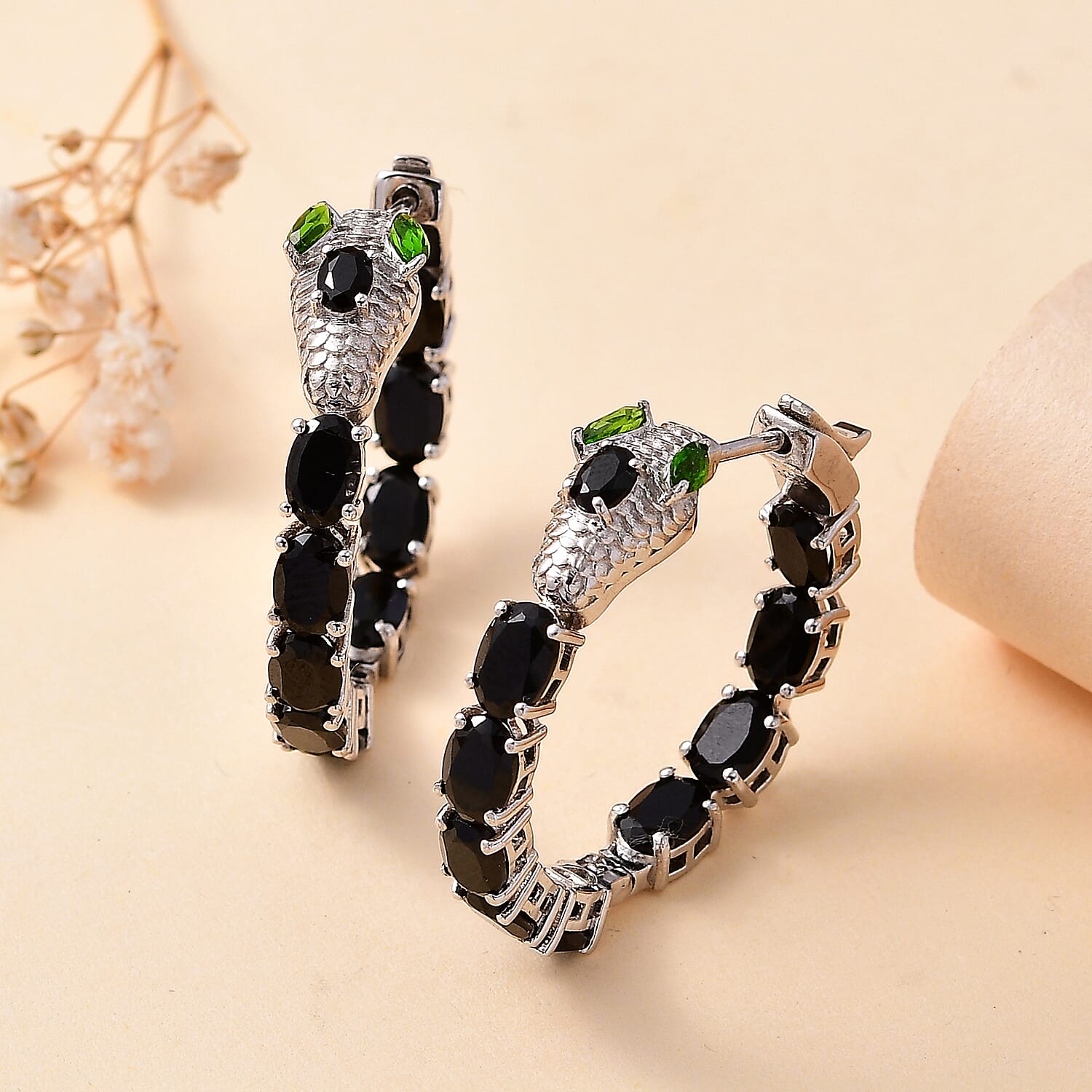 Thai Black Spinel and Chrome Diopside 11.50 ctw Serpent Earrings in Rhodium Over Sterling Silver