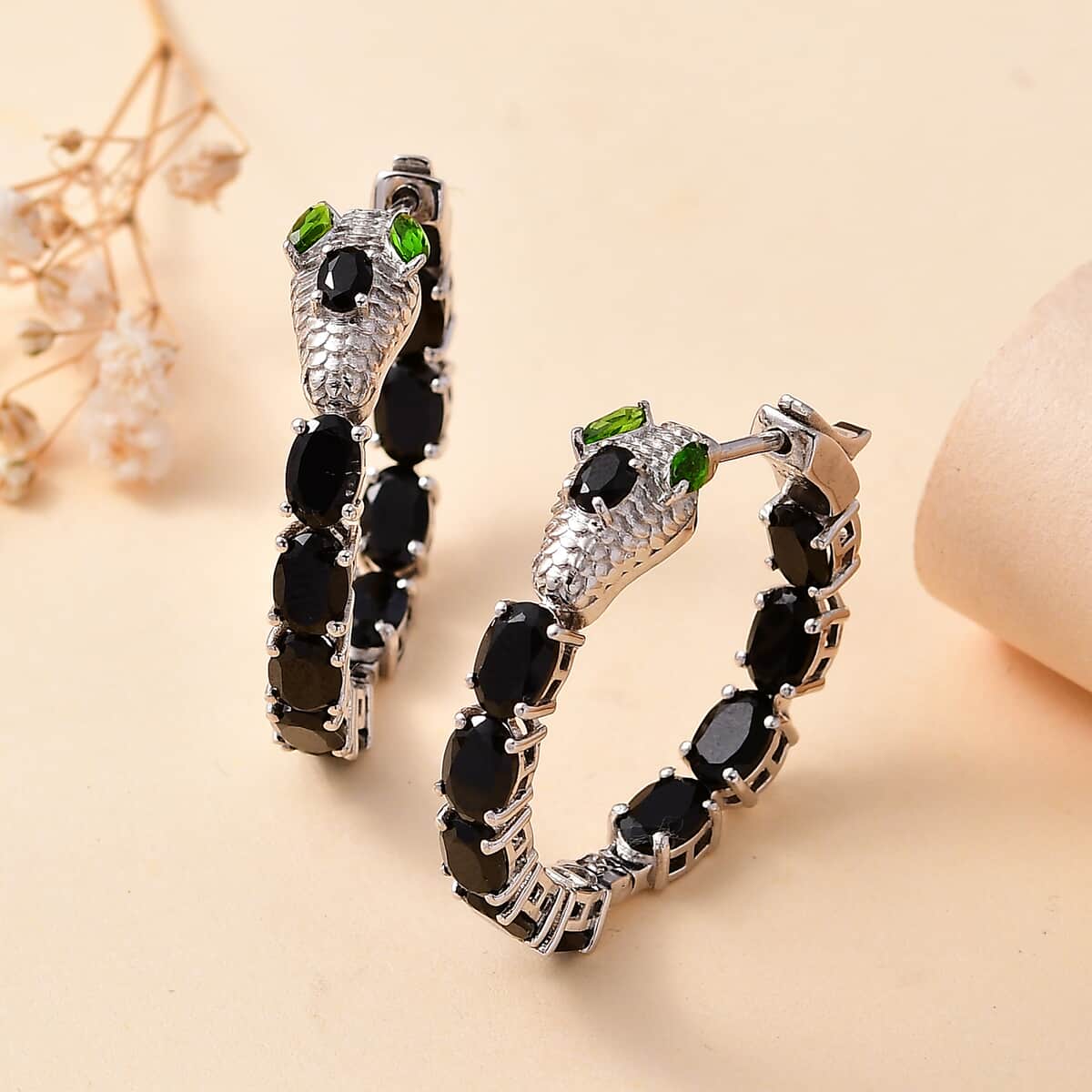 Thai Black Spinel and Chrome Diopside 11.50 ctw Serpent Earrings in Rhodium Over Sterling Silver image number 1