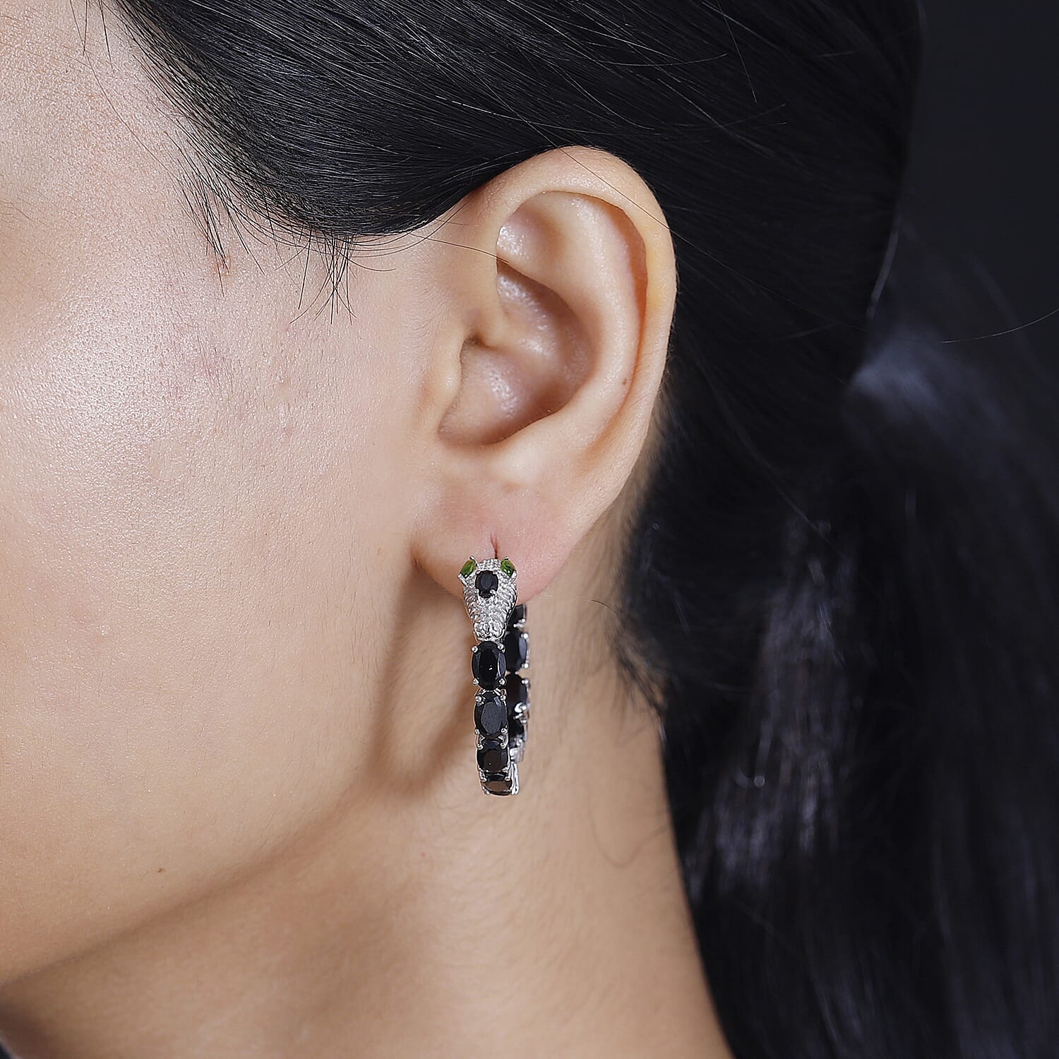 Thai Black Spinel and Chrome Diopside 11.50 ctw Serpent Earrings in Rhodium Over Sterling Silver