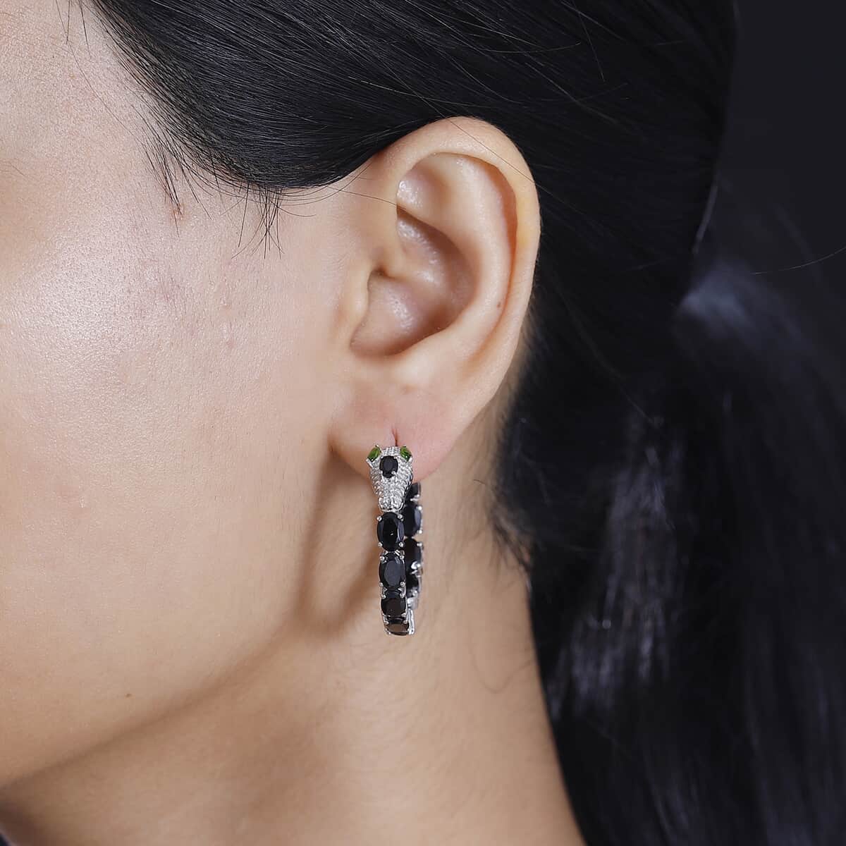 Thai Black Spinel and Chrome Diopside 11.50 ctw Serpent Earrings in Rhodium Over Sterling Silver image number 2