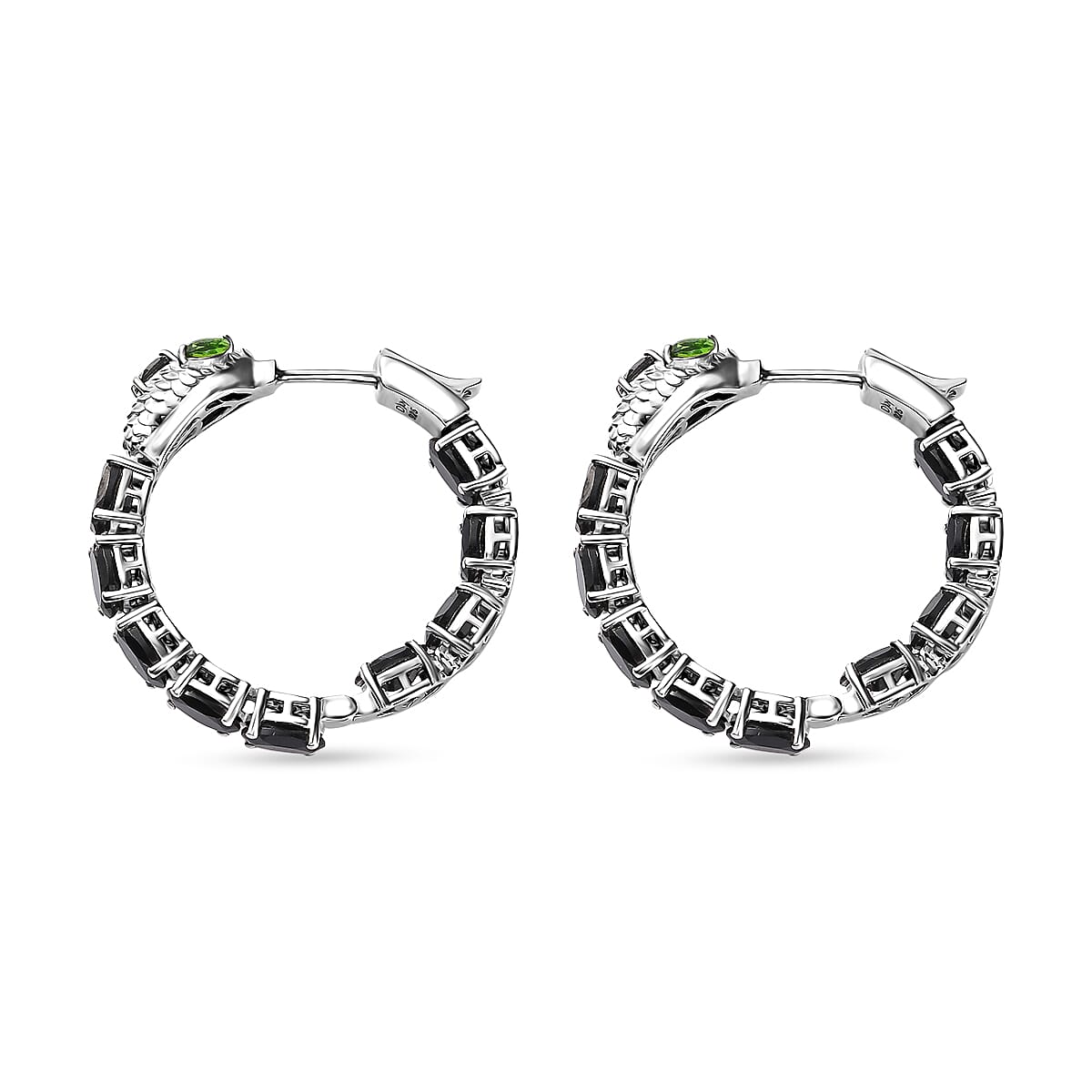 Thai Black Spinel and Chrome Diopside 11.50 ctw Serpent Earrings in Rhodium Over Sterling Silver