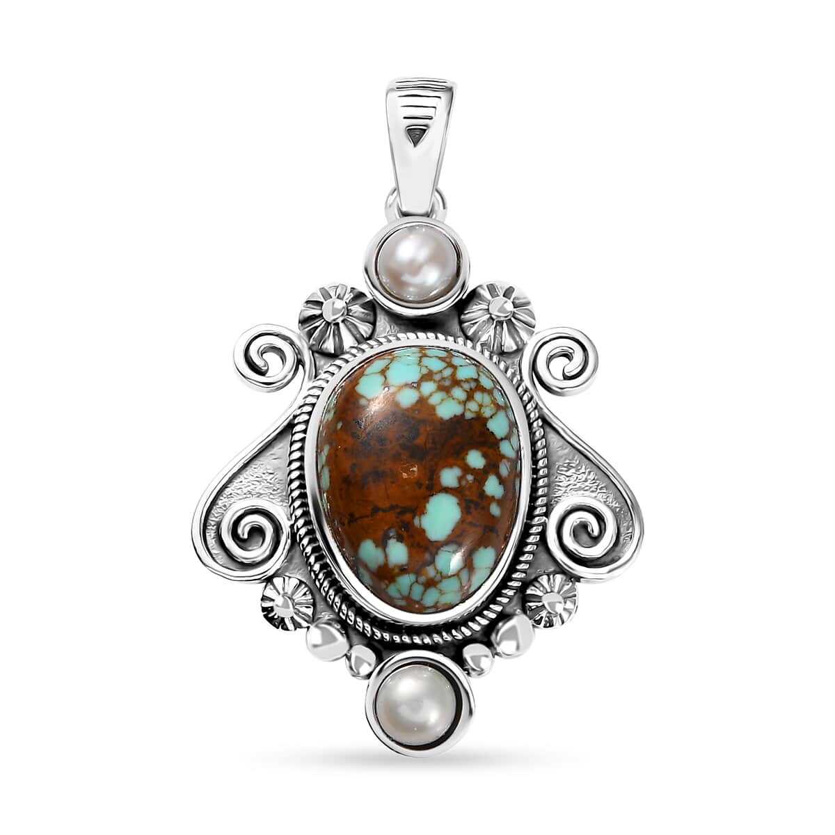 Artisan Crafted Blue Horizon Turquoise 6.75 ctw and White Pearl Ocean Embrace Pendant in Black Oxidized Sterling Silver image number 0