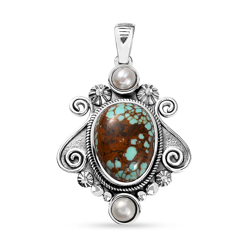 D'Joy Artisan Crafted Blue Horizon Turquoise 6.75 ctw and White Pearl Ocean Embrace Pendant without Chain in Black Oxidized Sterling Silver