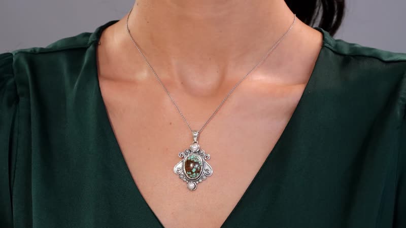 D'Joy Artisan Crafted Blue Horizon Turquoise 6.75 ctw and White Pearl Ocean Embrace Pendant without Chain in Black Oxidized Sterling Silver