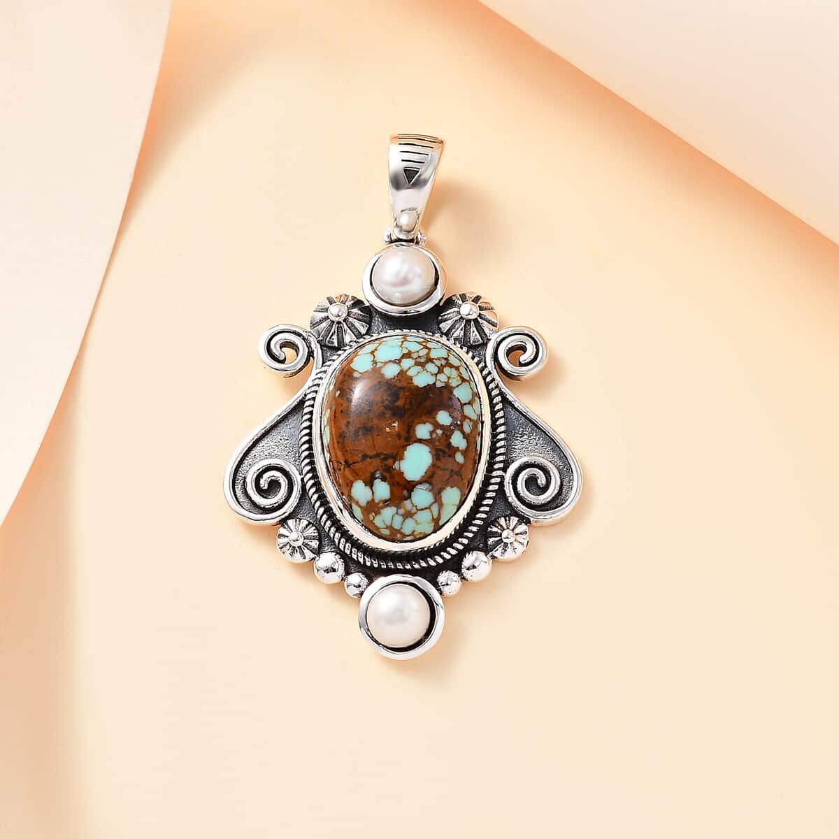 Artisan Crafted Blue Horizon Turquoise 6.75 ctw and White Pearl Ocean Embrace Pendant in Black Oxidized Sterling Silver image number 1