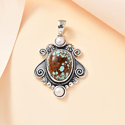 D'Joy Artisan Crafted Blue Horizon Turquoise 6.75 ctw and White Pearl Ocean Embrace Pendant without Chain in Black Oxidized Sterling Silver