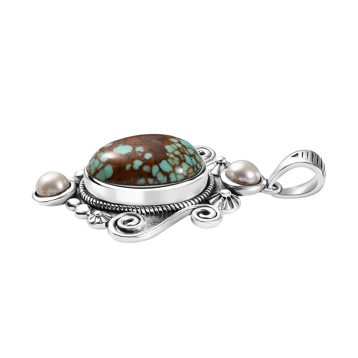 Artisan Crafted Blue Horizon Turquoise 6.75 ctw and White Pearl Ocean Embrace Pendant in Black Oxidized Sterling Silver image number 3