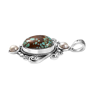 D'Joy Artisan Crafted Blue Horizon Turquoise 6.75 ctw and White Pearl Ocean Embrace Pendant without Chain in Black Oxidized Sterling Silver