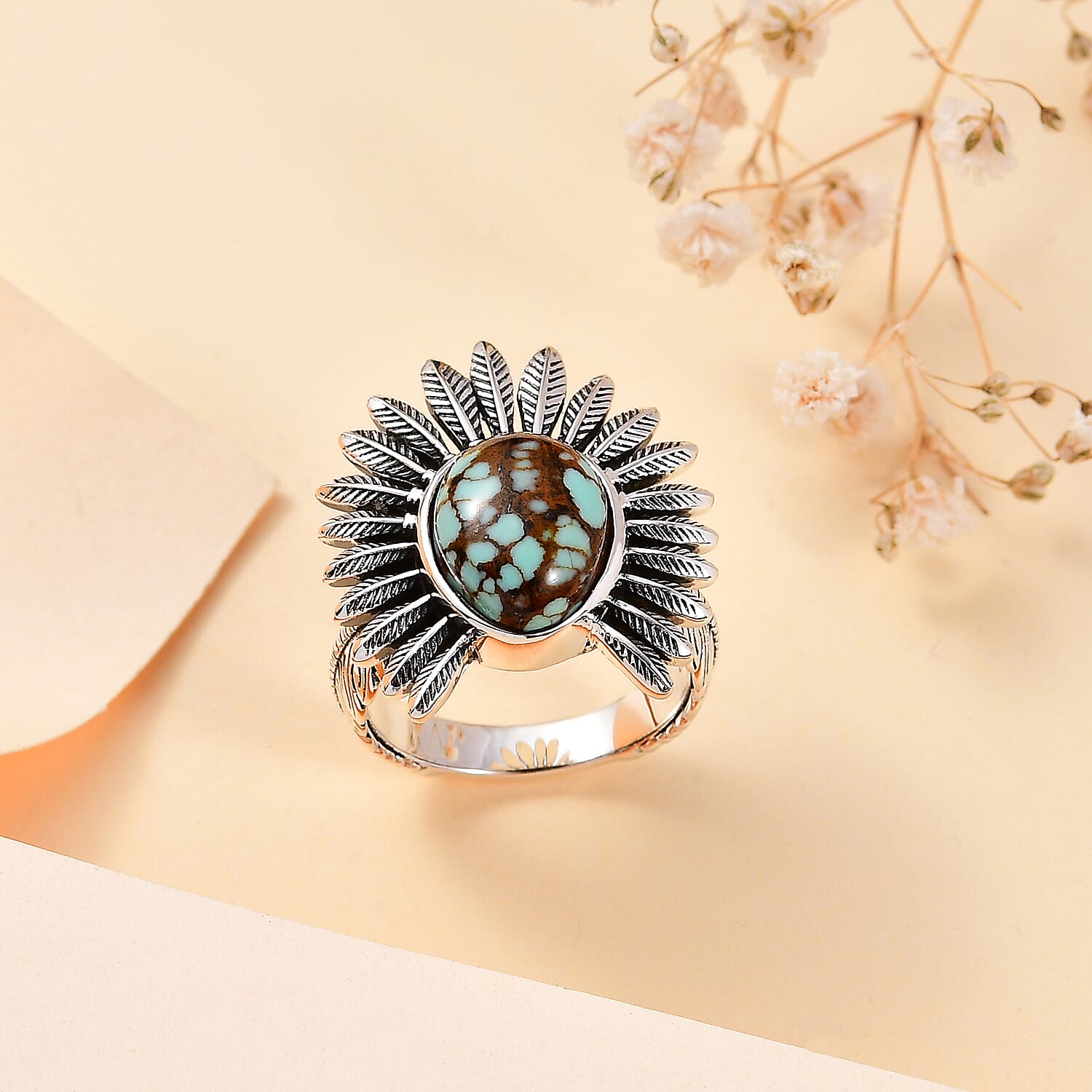 Artisan Crafted Blue Horizon Turquoise 3.75 ctw Feather Ring in Sterling Silver (Size 10.0)