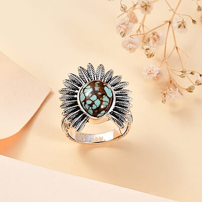 Artisan Crafted Blue Horizon Turquoise 3.75 ctw Feather Ring in Sterling Silver (Size 10.0)