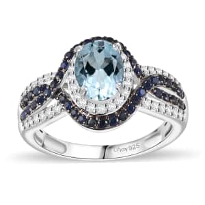 Mangoro Aquamarine and Multi Gemstone 2.20 ctw Halo Ring in Platinum Over Sterling Silver (Size 7.0)