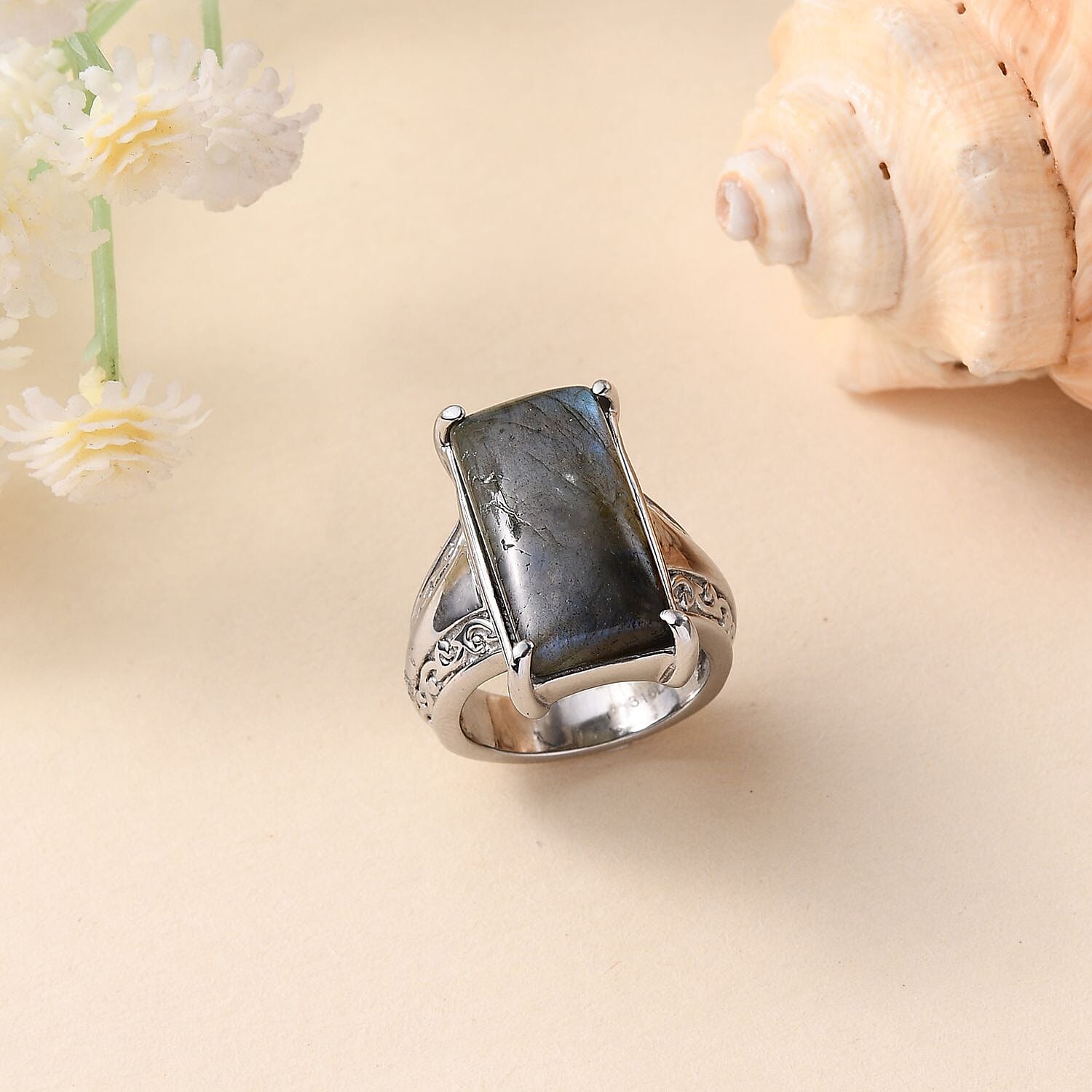 Malagasy Labradorite 13.00 ctw Solitaire Ring in Stainless Steel (Size 7.0)