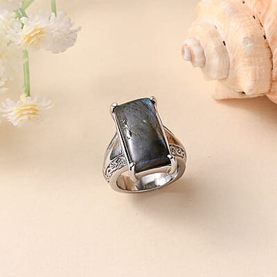 Malagasy Labradorite 13.00 ctw Solitaire Ring in Stainless Steel (Size 7.0)