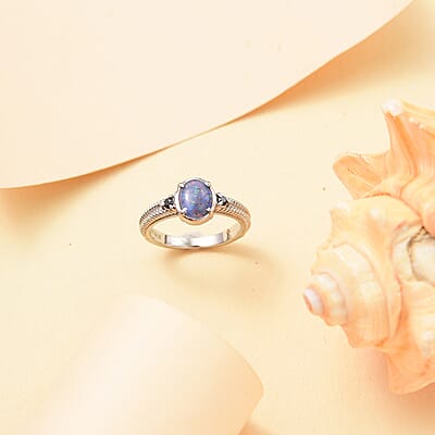 Boulder Opal Triplet and Midnight Sapphire 1.00 ctw Ring in Stainless Steel (Size 10.0)