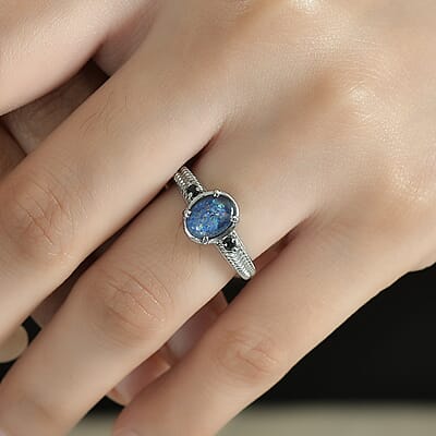 Boulder Opal Triplet and Midnight Sapphire 1.00 ctw Ring in Stainless Steel (Size 10.0)