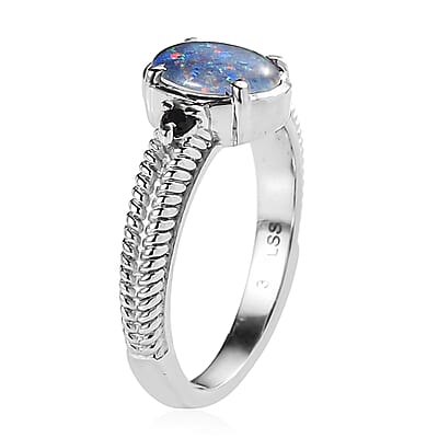 Boulder Opal Triplet and Midnight Sapphire 1.00 ctw Ring in Stainless Steel (Size 10.0)