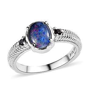 Boulder Opal Triplet and Midnight Sapphire 1.00 ctw Ring in Stainless Steel (Size 7.0)