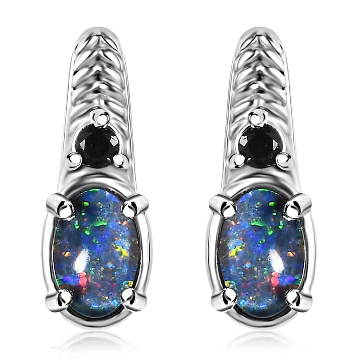 Boulder Opal Triplet and Midnight Sapphire 0.80 ctw Earrings in Stainless Steel image number 0