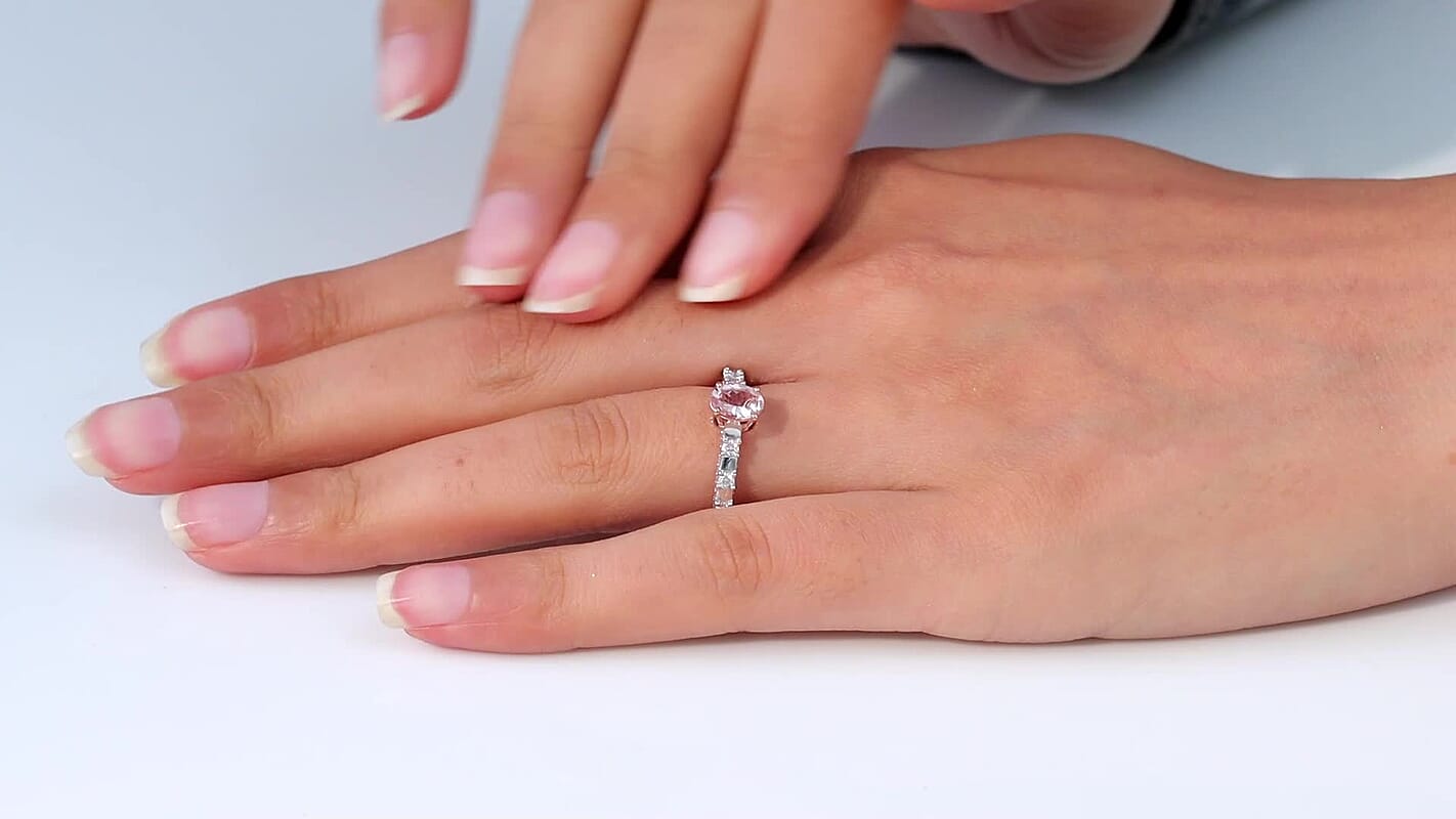 Premium Pink Morganite and Moissanite Bridge Ring in Rhodium and 18K Vermeil Rose Gold Over Sterling Silver 1.20 ctw