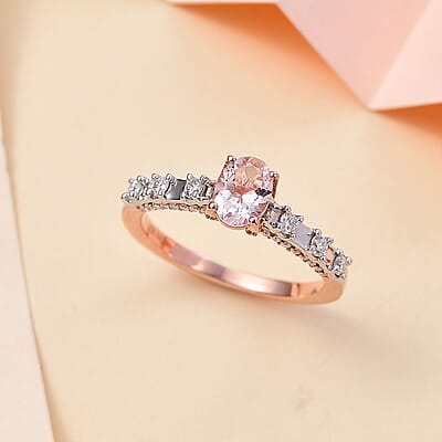 Premium Pink Morganite and Moissanite Bridge Ring in Rhodium and 18K Vermeil Rose Gold Over Sterling Silver (Size 10.0) 1.20 ctw