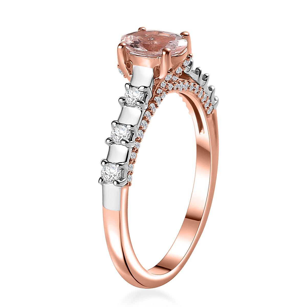 Premium Pink Morganite and Moissanite Bridge Ring in Rhodium and 18K Vermeil Rose Gold Over Sterling Silver (Size 10.0) 1.20 ctw