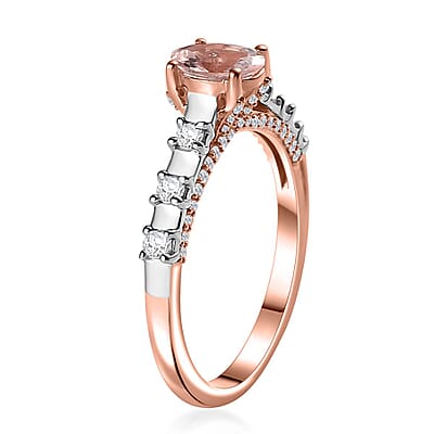 Premium Pink Morganite and Moissanite Bridge Ring in Rhodium and 18K Vermeil Rose Gold Over Sterling Silver (Size 10.0) 1.20 ctw