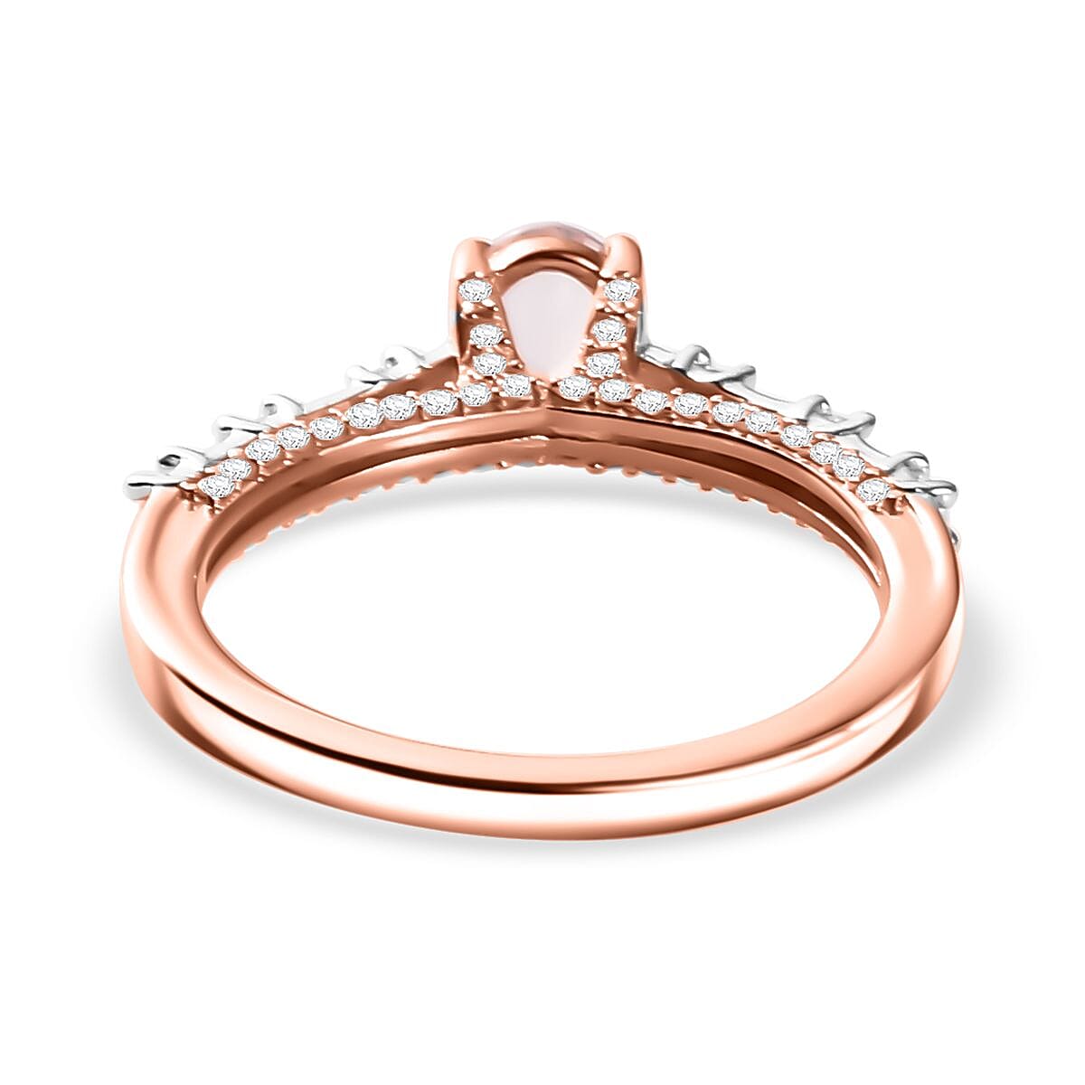 Premium Pink Morganite and Moissanite Bridge Ring in Rhodium and 18K Vermeil Rose Gold Over Sterling Silver (Size 10.0) 1.20 ctw
