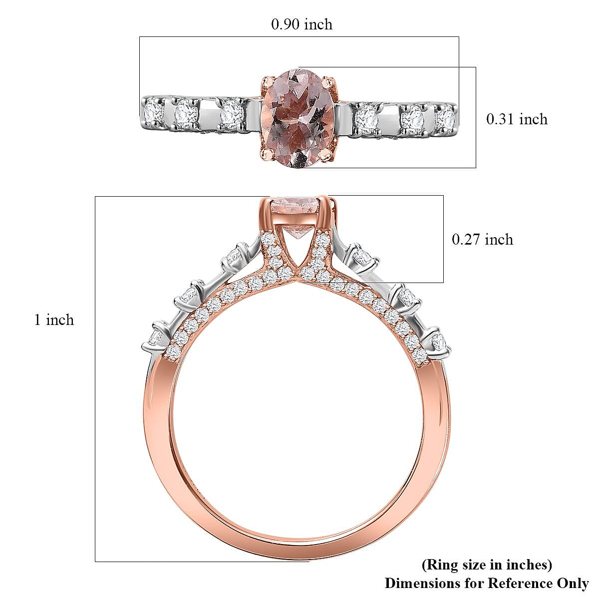 Premium Pink Morganite and Moissanite Bridge Ring in Rhodium and 18K Vermeil Rose Gold Over Sterling Silver (Size 10.0) 1.20 ctw