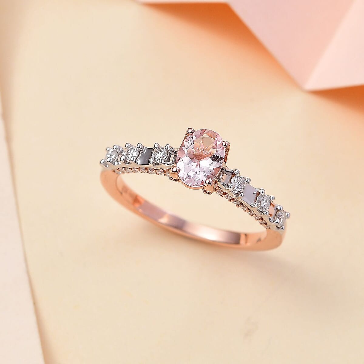 D'Joy Premium Pink Morganite and Moissanite Bridge Ring in Rhodium and 18K Vermeil Rose Gold Over Sterling Silver (Size 5.0) 1.20 ctw image number 1