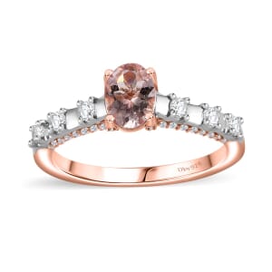 Premium Pink Morganite and Moissanite Bridge Ring in Rhodium and 18K Vermeil Rose Gold Over Sterling Silver (Size 9.0) 1.20 ctw