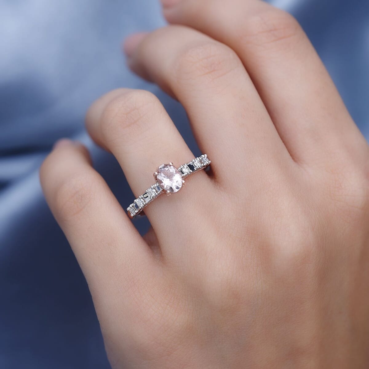 Premium Pink Morganite and Moissanite Bridge Ring in Rhodium and 18K Vermeil Rose Gold Over Sterling Silver (Size 9.0) 1.20 ctw image number 2
