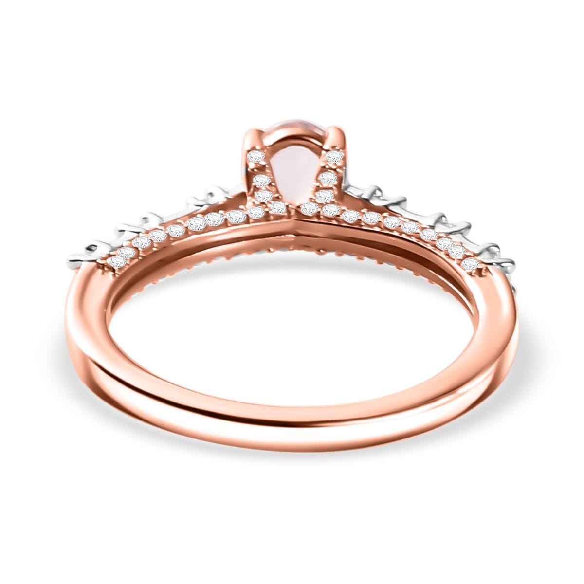 Premium Pink Morganite and Moissanite Bridge Ring in Rhodium and 18K Vermeil Rose Gold Over Sterling Silver (Size 9.0) 1.20 ctw image number 4