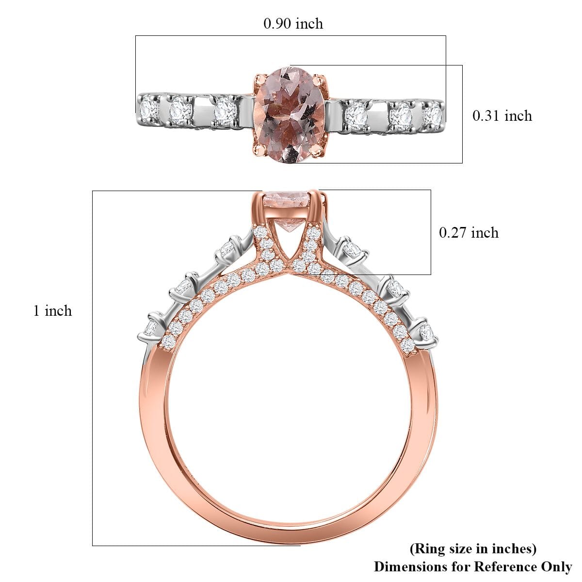 Premium Pink Morganite and Moissanite Bridge Ring in Rhodium and 18K Vermeil Rose Gold Over Sterling Silver (Size 9.0) 1.20 ctw image number 5