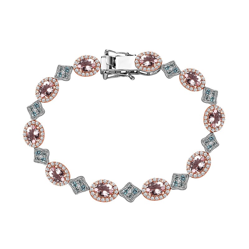 D'Joy Premium Pink Morganite, Multi Gemstone Halo and Floral Bracelet in 18K Vermeil RG and Rhodium Over Sterling Silver (7.25 In) 11.50 ctw