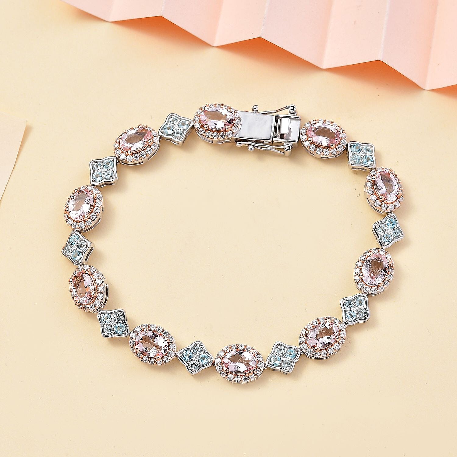 D'Joy Premium Pink Morganite, Multi Gemstone Halo and Floral Bracelet in 18K Vermeil RG and Rhodium Over Sterling Silver (7.25 In) 11.50 ctw