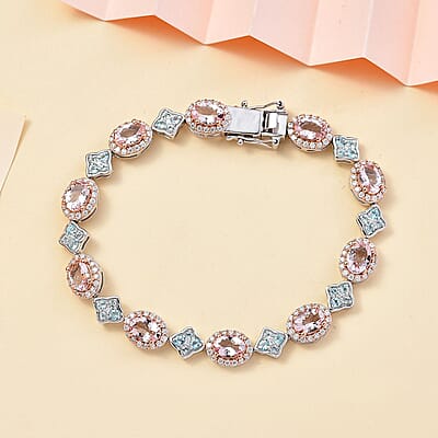 D'Joy Premium Pink Morganite, Multi Gemstone Halo and Floral Bracelet in 18K Vermeil RG and Rhodium Over Sterling Silver (7.25 In) 11.50 ctw