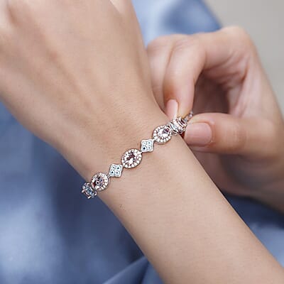 D'Joy Premium Pink Morganite, Multi Gemstone Halo and Floral Bracelet in 18K Vermeil RG and Rhodium Over Sterling Silver (7.25 In) 11.50 ctw