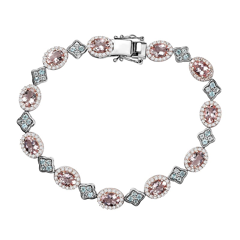 Premium Pink Morganite and Multi Gemstone 12.65 ctw Halo and Floral Bracelet in 18K Vermeil RG and Rhodium Over Sterling Silver (8.00 In)