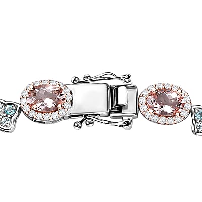 Premium Pink Morganite and Multi Gemstone 12.65 ctw Halo and Floral Bracelet in 18K Vermeil RG and Rhodium Over Sterling Silver (8.00 In)