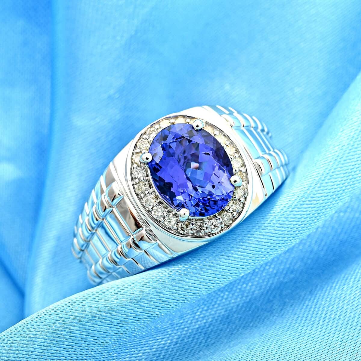 Luxoro 14K White Gold AAA Tanzanite and G-H I2 Diamond Men's Ring (Size 10.0) 8.20 Grams 2.65 ctw image number 1