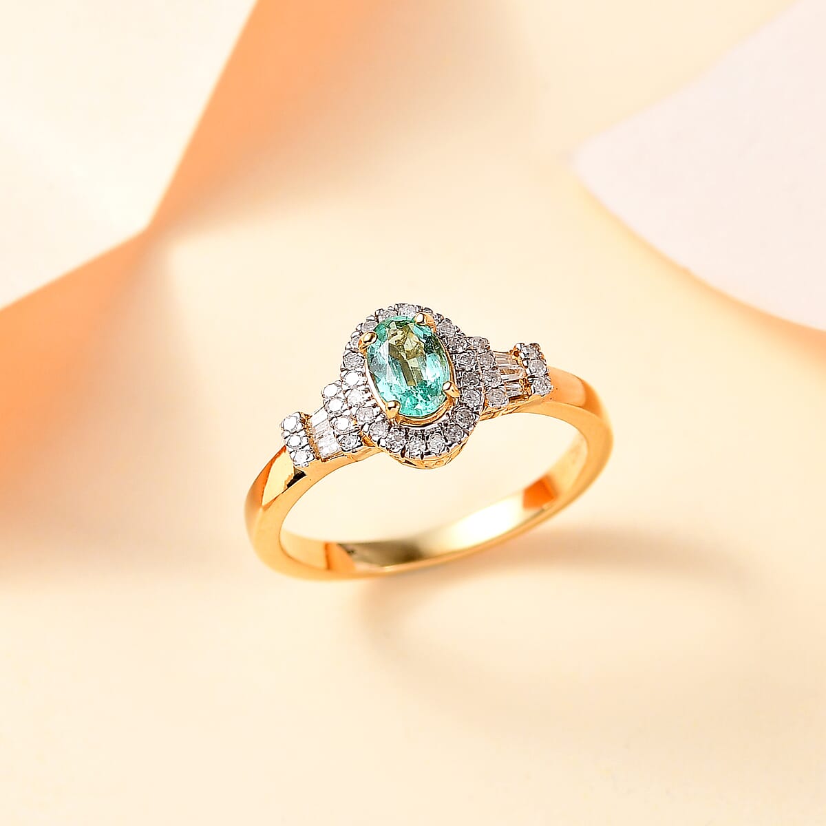 Boyaca Colombian Emerald and Diamond 0.60 ctw Halo Ring in 18K Vermeil Yellow Gold Over Sterling Silver (Size 7.0) image number 1