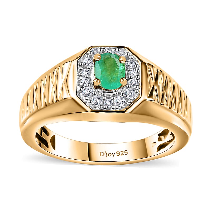 Premium Boyaca Colombian Emerald and White Zircon 0.50 ctw Giza Pyramid Men's Ring in 18K Vermeil Yellow Gold Over Sterling Silver (Size 10.0)