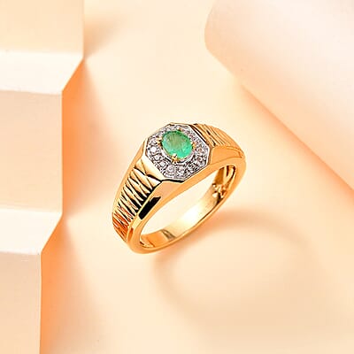 Premium Boyaca Colombian Emerald and White Zircon 0.50 ctw Giza Pyramid Men's Ring in 18K Vermeil Yellow Gold Over Sterling Silver (Size 10.0)