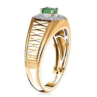Premium Boyaca Colombian Emerald and White Zircon 0.50 ctw Giza Pyramid Men's Ring in 18K Vermeil Yellow Gold Over Sterling Silver (Size 10.0)