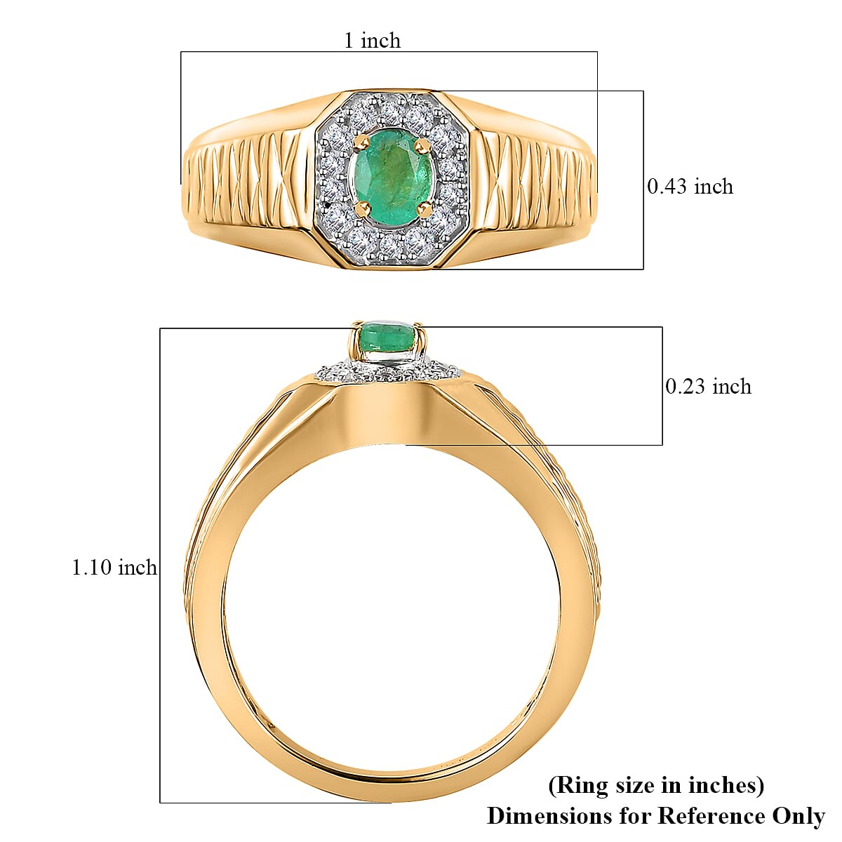 Premium Boyaca Colombian Emerald and White Zircon 0.50 ctw Giza Pyramid Men's Ring in 18K Vermeil Yellow Gold Over Sterling Silver (Size 10.0)