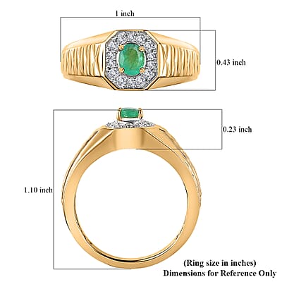 Premium Boyaca Colombian Emerald and White Zircon 0.50 ctw Giza Pyramid Men's Ring in 18K Vermeil Yellow Gold Over Sterling Silver (Size 10.0)