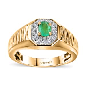 Premium Boyaca Colombian Emerald and White Zircon 0.50 ctw Giza Pyramid Men's Ring in 18K Vermeil Yellow Gold Over Sterling Silver (Size 11.0)