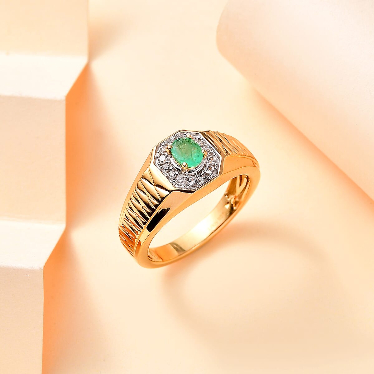 Premium Boyaca Colombian Emerald and White Zircon 0.50 ctw Giza Pyramid Men's Ring in 18K Vermeil Yellow Gold Over Sterling Silver (Size 9.0) image number 1