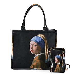 2-piece Set The Girl with a Pearl Earring Painted Tote Bag and Cellphone Bag