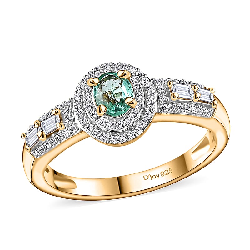 Boyaca Colombian Emerald and White Zircon 1.30 ctw Art and Deco Ring in 18K Vermeil Yellow Gold Over Sterling Silver (Size 10.0)